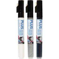 Plus Color Tusch, L: 14,5 cm, spets 1-2 mm, svart, råvit, rain grey, 3st./ 1 förp., 5,5 ml