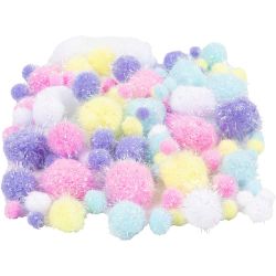 Pompoms, Dia. 15-40 mm, glitter, pastellfärger, 62 g/ 1 förp.