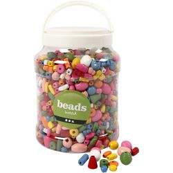 Träpärlor, stl. 5-28 mm, Hålstl. 2,5-3 mm, mixade färger, 850 g, 2 l/ 1 hink