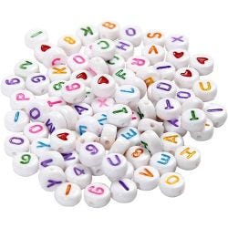 Bokstavspärlor, stl. 7 mm, Hålstl. 1,2 mm, vit, 25 g/ 1 förp.