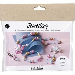 Mini DIY Kit smycken, Halsband, armband, stift, brosch, blå, ljusblå, pastellrosa, 1 förp.