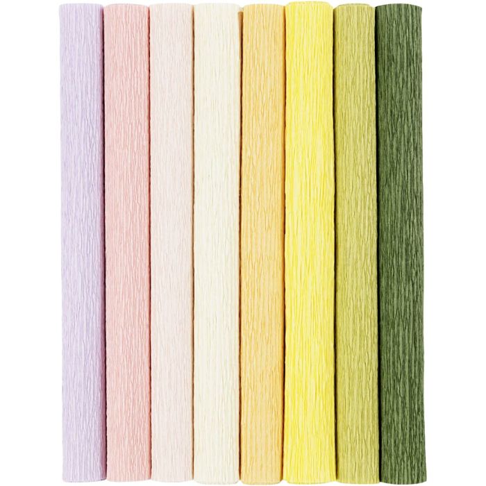 Kräppapper, ark 25x60 cm, Stretchbarhet: 180%, 105 g, pastellfärger, 8 ark/ 1 förp.