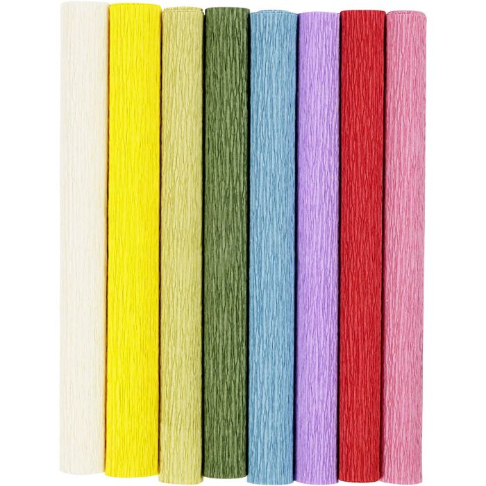 Kräppapper, ark 25x60 cm, Stretchbarhet: 180%, 105 g, standardfärger, 8 ark/ 1 förp.