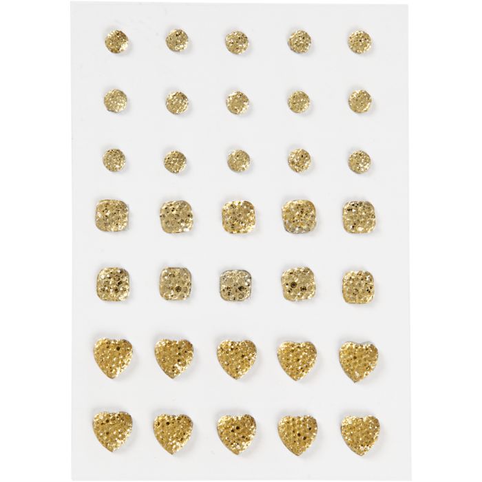 Rhinestones, (rund, fyrkant, hjärta), stl. 6+8+10 mm, guld, 35 st./ 1 förp.