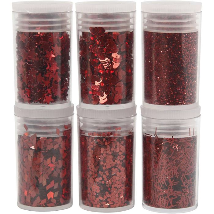 Biologiskt nedbrytbart glimmer och biologiskt nedbrytbara paljetter, röd, 6x7 ml/ 1 förp.