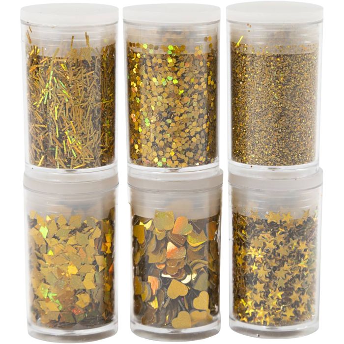 Biologiskt nedbrytbart glimmer och biologiskt nedbrytbara paljetter, guld, 6x7 ml/ 1 förp.