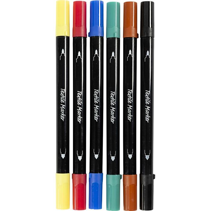 Textiltuschpennor, spets 2,3+3,6 mm, standardfärger, 6 st./ 1 förp.