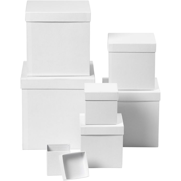 Askar, fyrkantiga, stl. 7,5x7,5x7,5 + 10x10x10 + 13x13x13 + 15x15x15 + 18x18x18 + 20x20x20 + 23x23x23 cm, vit, 7 st./ 1 set