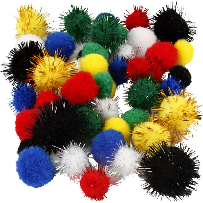 Pompoms, Dia. 15+20 mm, mixade färger, 48 st./ 1 förp.