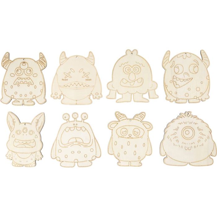 Träfigurer, Monster, H: 12,4 cm, tjocklek 3 mm, 24 st./ 1 förp.