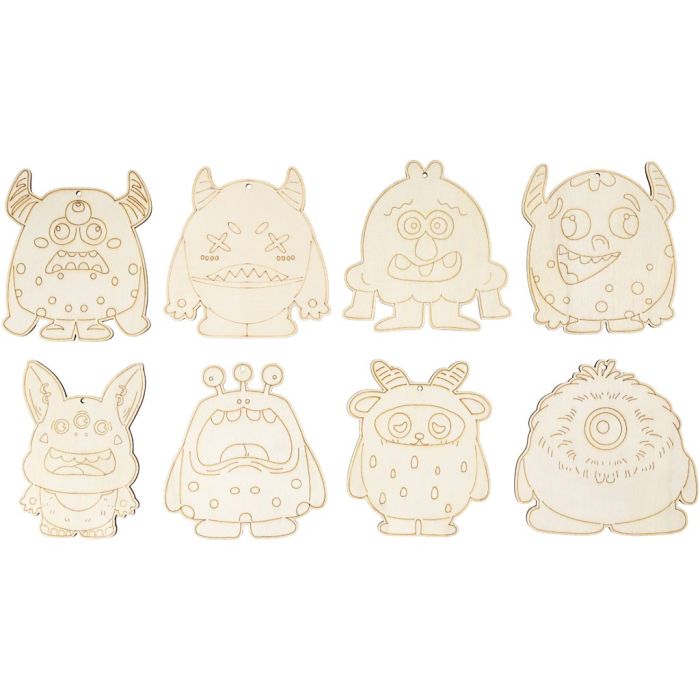Träfigurer, Monster, H: 12,4 cm, tjocklek 3 mm, 8 st./ 1 förp.