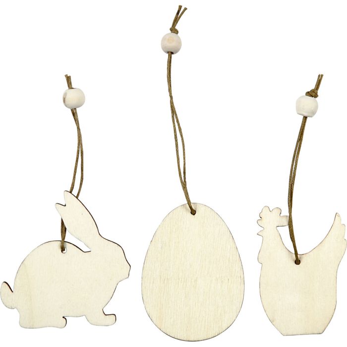 Trädekorationer, kanin, ägg, höna, stl. 6 cm, tjocklek 3 mm, 9 st./ 1 förp.