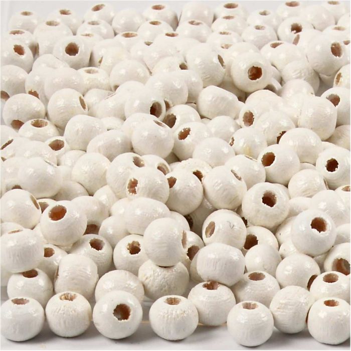 Träpärlor, Dia. 5 mm, Hålstl. 1,5 mm, ca. 150 st., vit, 6 g/ 1 förp.