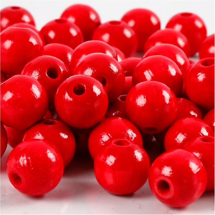 Träpärlor, Dia. 10 mm, Hålstl. 3 mm, ca. 70 st., röd, 20 g/ 1 förp.