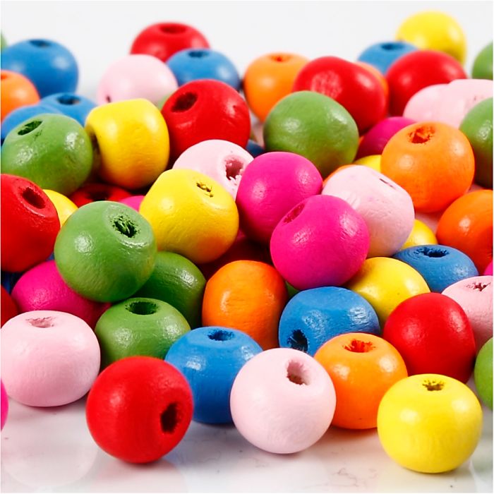 Träpärlor, Dia. 8 mm, Hålstl. 1,5-2 mm, ca. 90 mix., mixade färger, 16 g/ 1 förp.