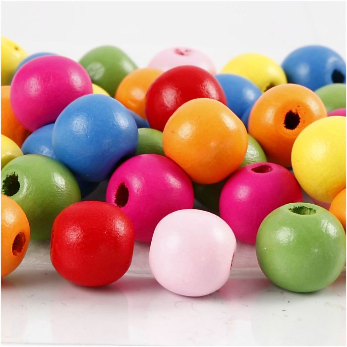 Träpärlor, Dia. 12 mm, Hålstl. 2,5-3 mm, ca. 800 st., mixade färger, 500 g/ 1 påse