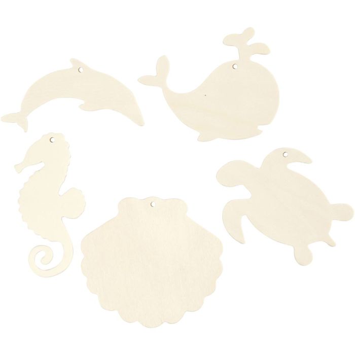 Hängande havsdjur, Sjöhäst, sköldpadda, delfin, mussla och val, H: 5-10 cm, B: 5-10 cm, Hålstl. 3 mm, tjocklek 2 mm, 5 st./ 1 förp.