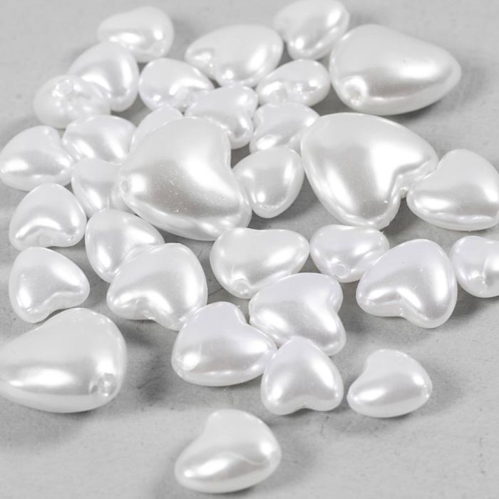 Vaxpärlor, Hjärtan, Dia. 7-13 mm, Hålstl. 1,3-1,5 mm, pärlemor, 32 st./ 1 förp.