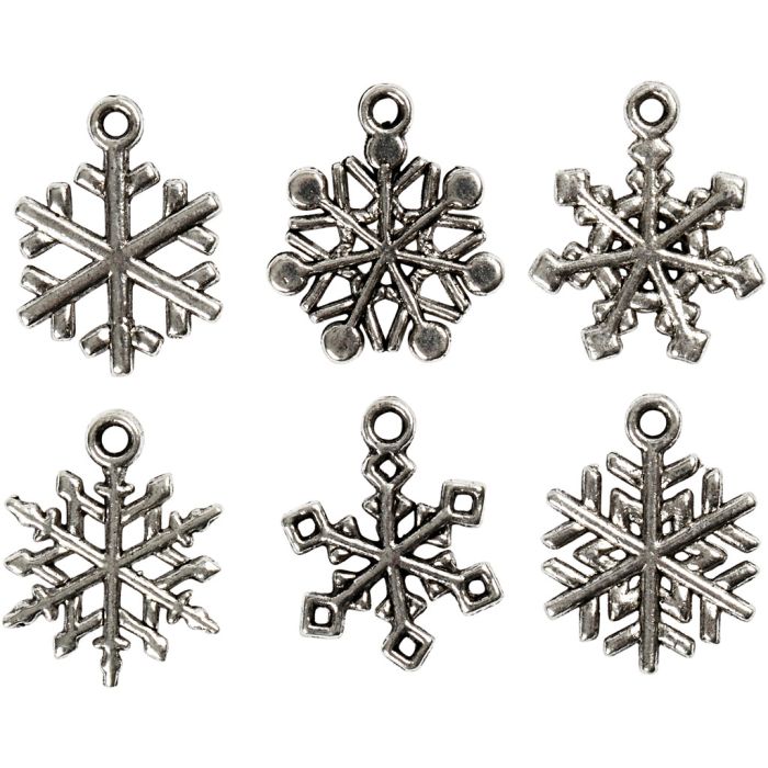 Berlocker, snöflingor, H: 20 mm, Hålstl. 1,5 mm, antiksilver, 18 mix./ 1 förp.