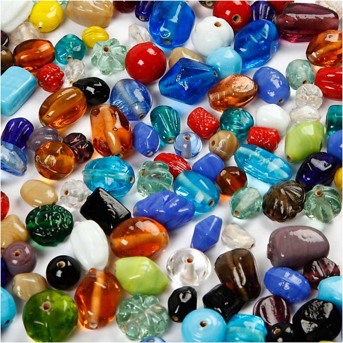 Glaspärlor, stl. 7-18 mm, Hålstl. 1 mm, ca. 600 st., mixade färger, 1000 g/ 1 förp.