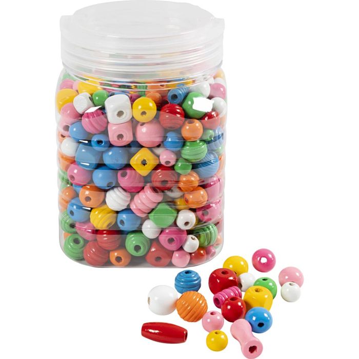 Träpärlor, Dia. 5-28 mm, Hålstl. 2,5-3 mm, mixade färger, 400 g/ 1 hink