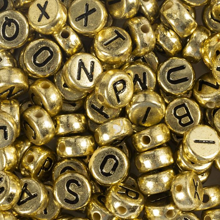 Bokstavspärlor, Dia. 7 mm, Hålstl. 1,2 mm, ca. 200 st., guld, 21 g/ 1 förp.