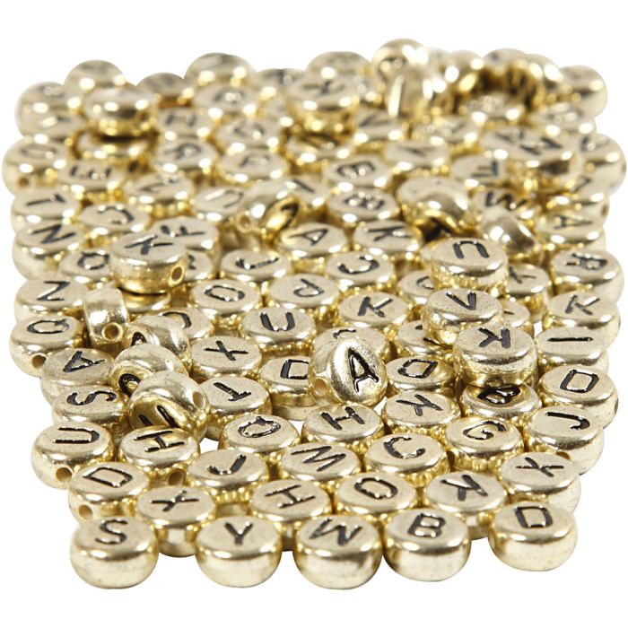 Bokstavspärlor, Dia. 7 mm, Hålstl. 1 mm, ca. 1500 st., guld, 165 g/ 1 förp.