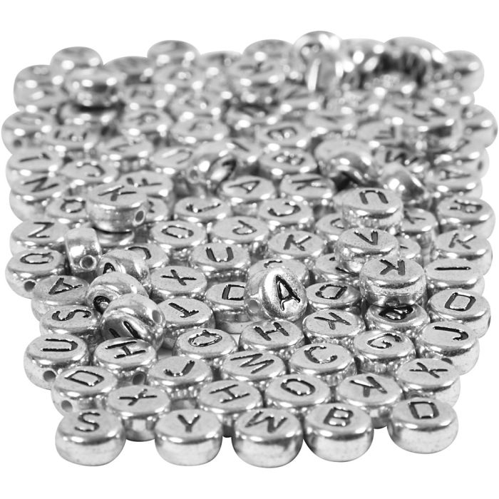 Bokstavspärlor, Dia. 7 mm, Hålstl. 1,2 mm, ca. 1500 st., silver, 165 g/ 1 förp.