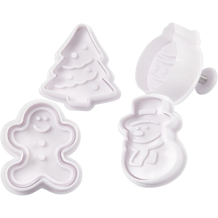 Utsticksform med prägel, julgran, snögubbe, pepparkaksgubbe, kula, H: 5 cm, vit, 4 st./ 1 förp.