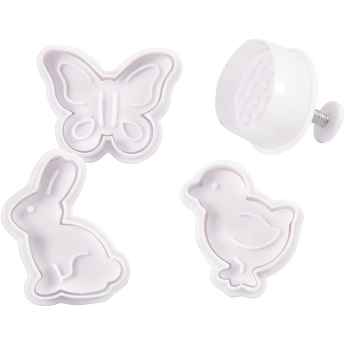 Utsticksform med prägel, påskägg, hare, kyckling, fjäril, H: 5 cm, vit, 4 st./ 1 förp.