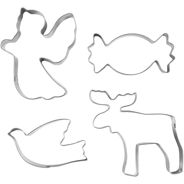 Utsticksform, Ängel, ren, duva, godis, H: 2 cm, stl. 4,5-9 cm, metallsilver, 4 st./ 1 förp.