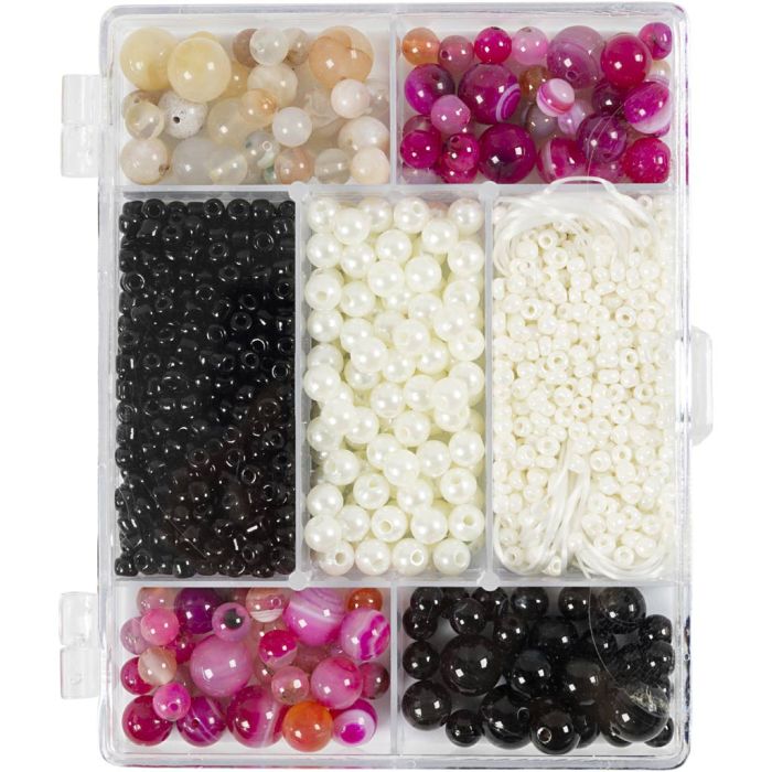 DIY Mix Smycken, Agat, stl. 2,6-10 mm, Hålstl. 0,8-1,8 mm, ca. 2740 st., beige, svart, rosa, vit, pärlemor, 1 förp.