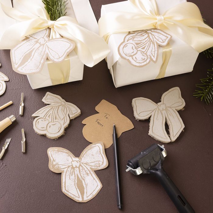 Till-och-från-kort med linoleumstryck