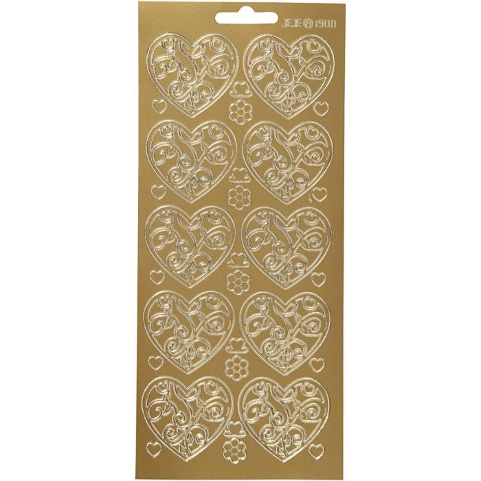 Stickers, hjärtan, ark 10x23 cm, guld, 1 ark