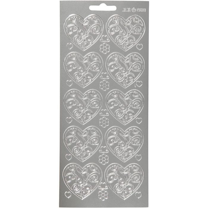 Stickers, hjärtan, ark 10x23 cm, silver, 1 ark
