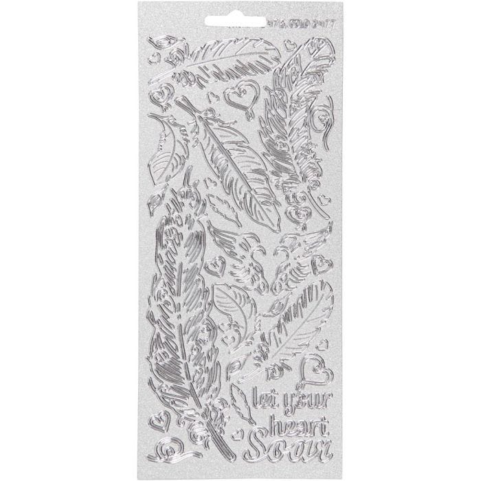 Stickers, fjädrar, ark 10x23 cm, silver, 1 ark