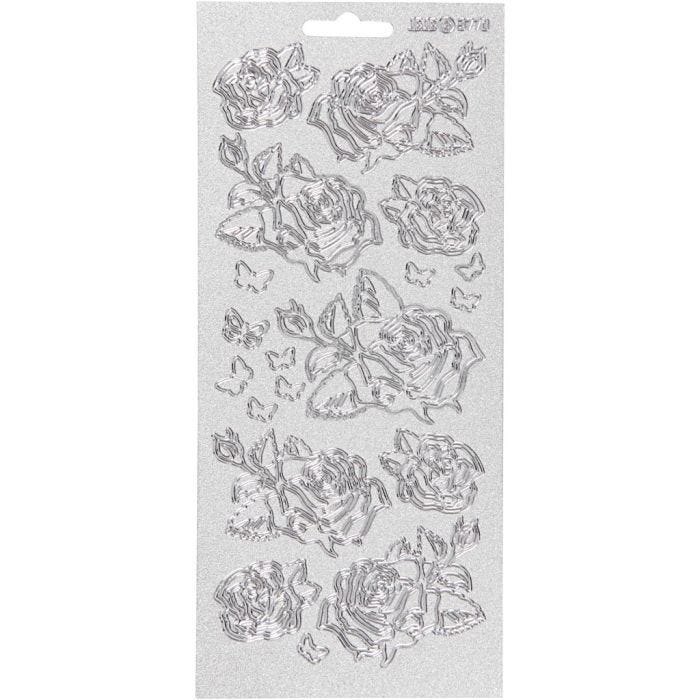 Stickers, rosor, ark 10x23 cm, silver, 1 ark