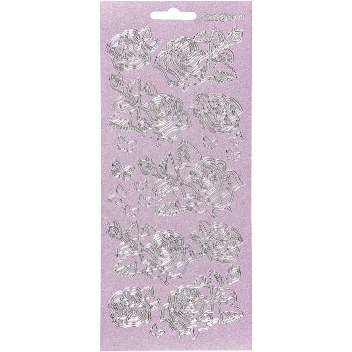 Stickers, rosor, ark 10x23 cm, silver, 1 ark