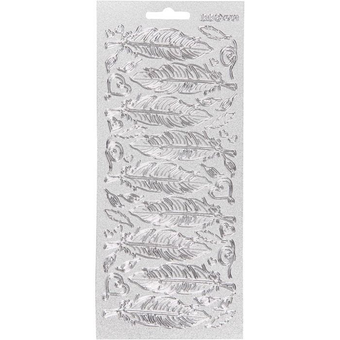 Stickers, fjädrar, ark 10x23 cm, silver, 1 ark