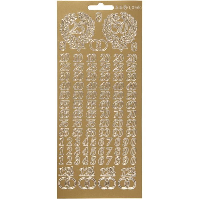 Stickers, jubileum, ark 10x23 cm, guld, 1 ark