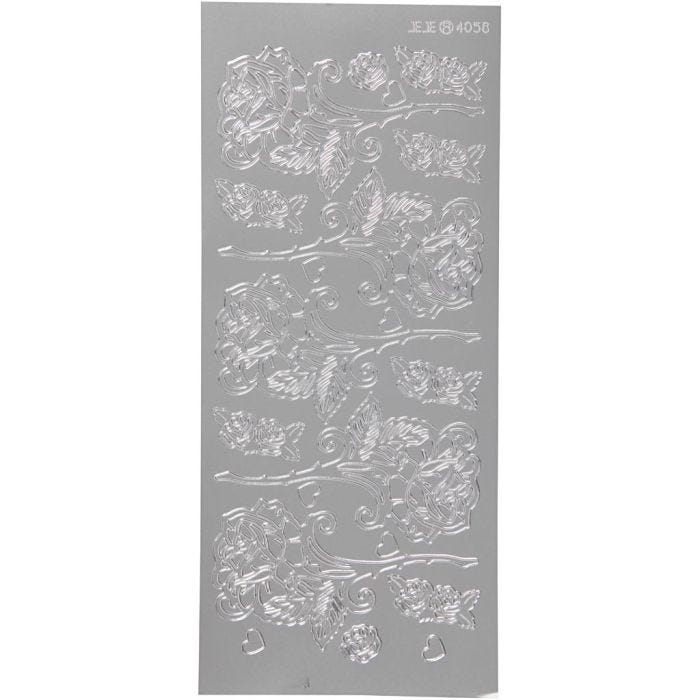 Stickers, rosor, ark 10x23 cm, silver, 1 ark