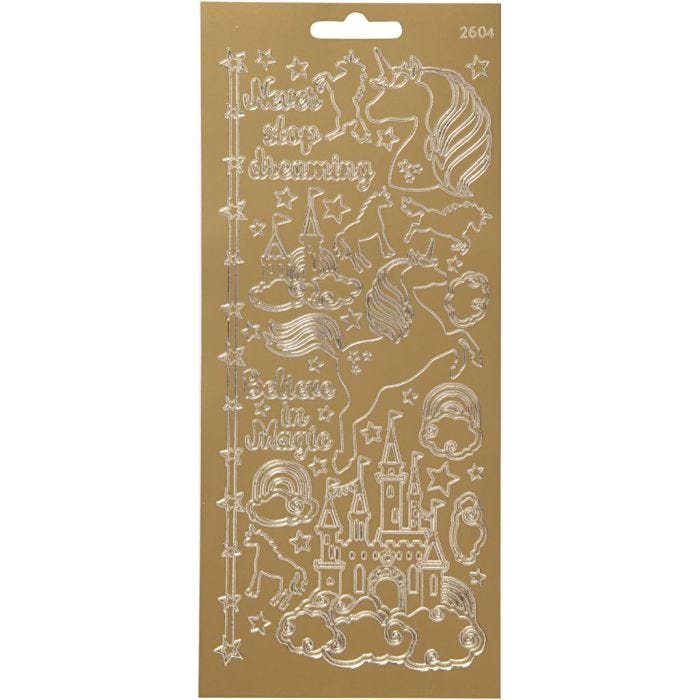 Stickers, enhörning, ark 10x23 cm, guld, 1 ark