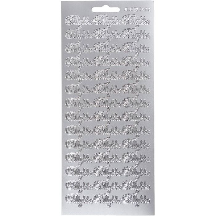 Stickers, tillykke, ark 10x23 cm, silver, 1 ark