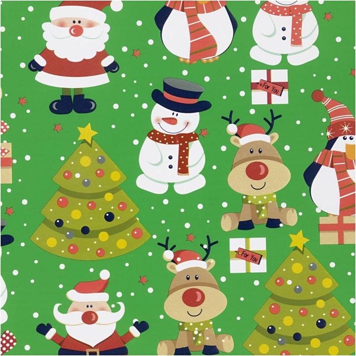 Presentpapper, Jultomte, julgran, julklapp, renar, snögubbe och pingvin, B: 50 cm, 80 g, grön, 5 m/ 1 rl.