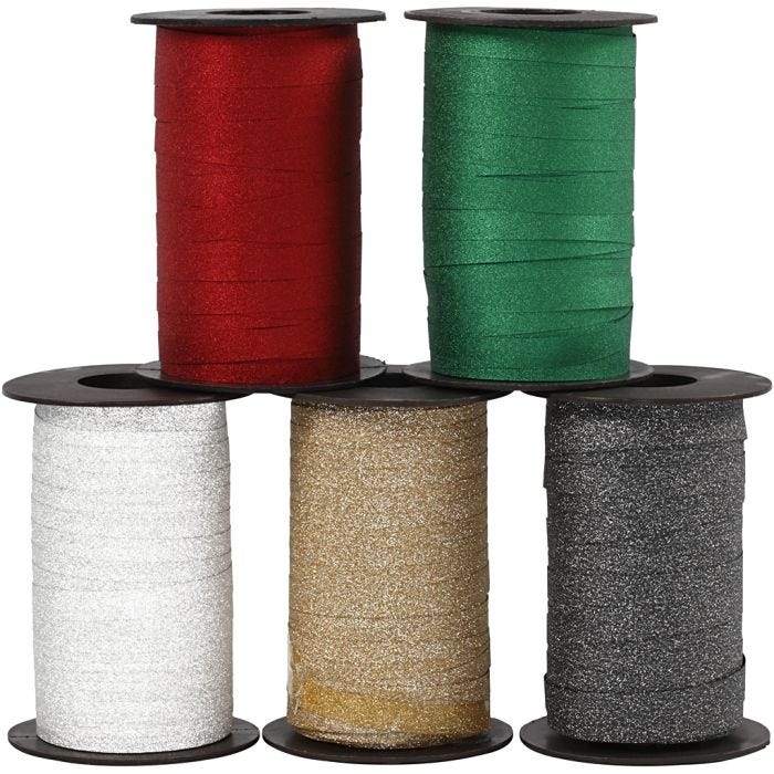 Presentsnören, B: 10 mm, glitter, mixade färger, 5x100 m/ 1 förp.