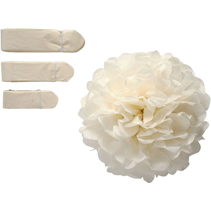 Papperspompomer, Dia. 20+24+30 cm, 16 g, råvit, 3 st./ 1 förp.