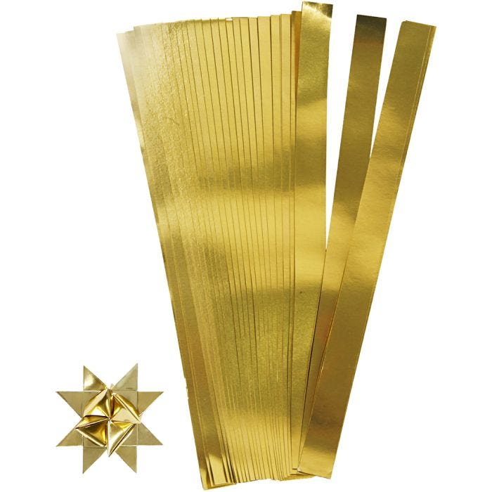 Stjärnstrimlor, L: 73 cm, B: 25 mm, Dia. 11,5 cm, guld, 100 strimlor/ 1 förp.