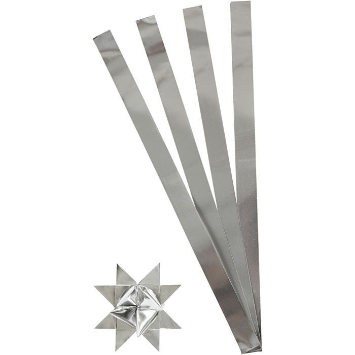 Stjärnstrimlor, L: 73 cm, B: 25 mm, Dia. 11,5 cm, silver, 100 strimlor/ 1 förp.