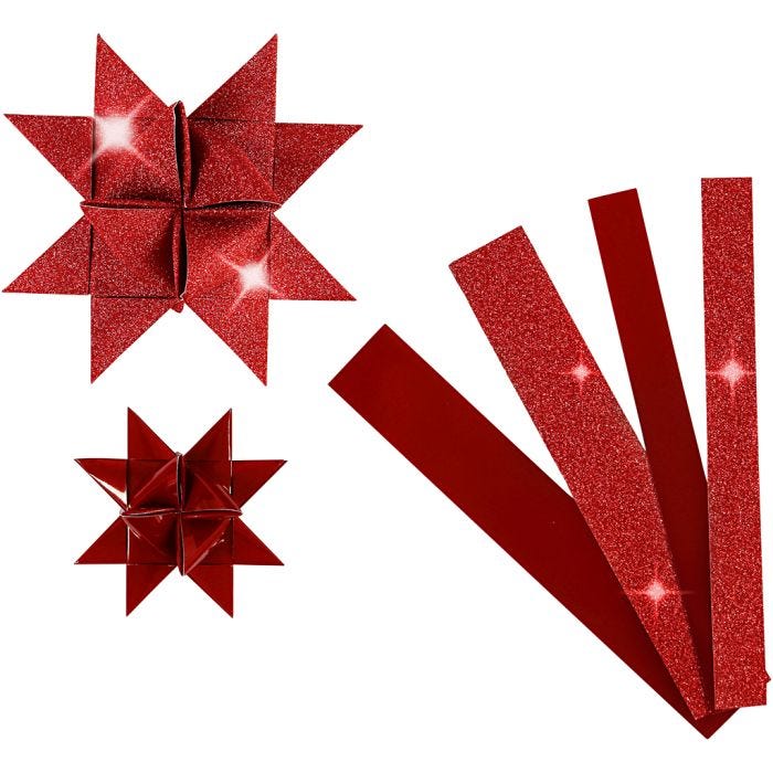 Stjärnstrimlor, L: 44+78 cm, B: 15+25 mm, Dia. 6,5+11,5 cm, glitter,lack, röd, 40 strimlor/ 1 förp.
