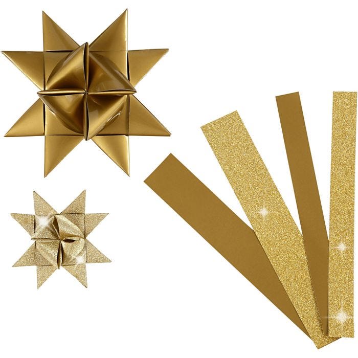 Stjärnstrimlor, L: 44+78 cm, B: 15+25 mm, Dia. 6,5+11,5 cm, glitter,lack, guld, 40 strimlor/ 1 förp.
